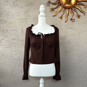 Shein Curve Brown Ruffle Tie Front‎ Long Sleeve Top 0XL